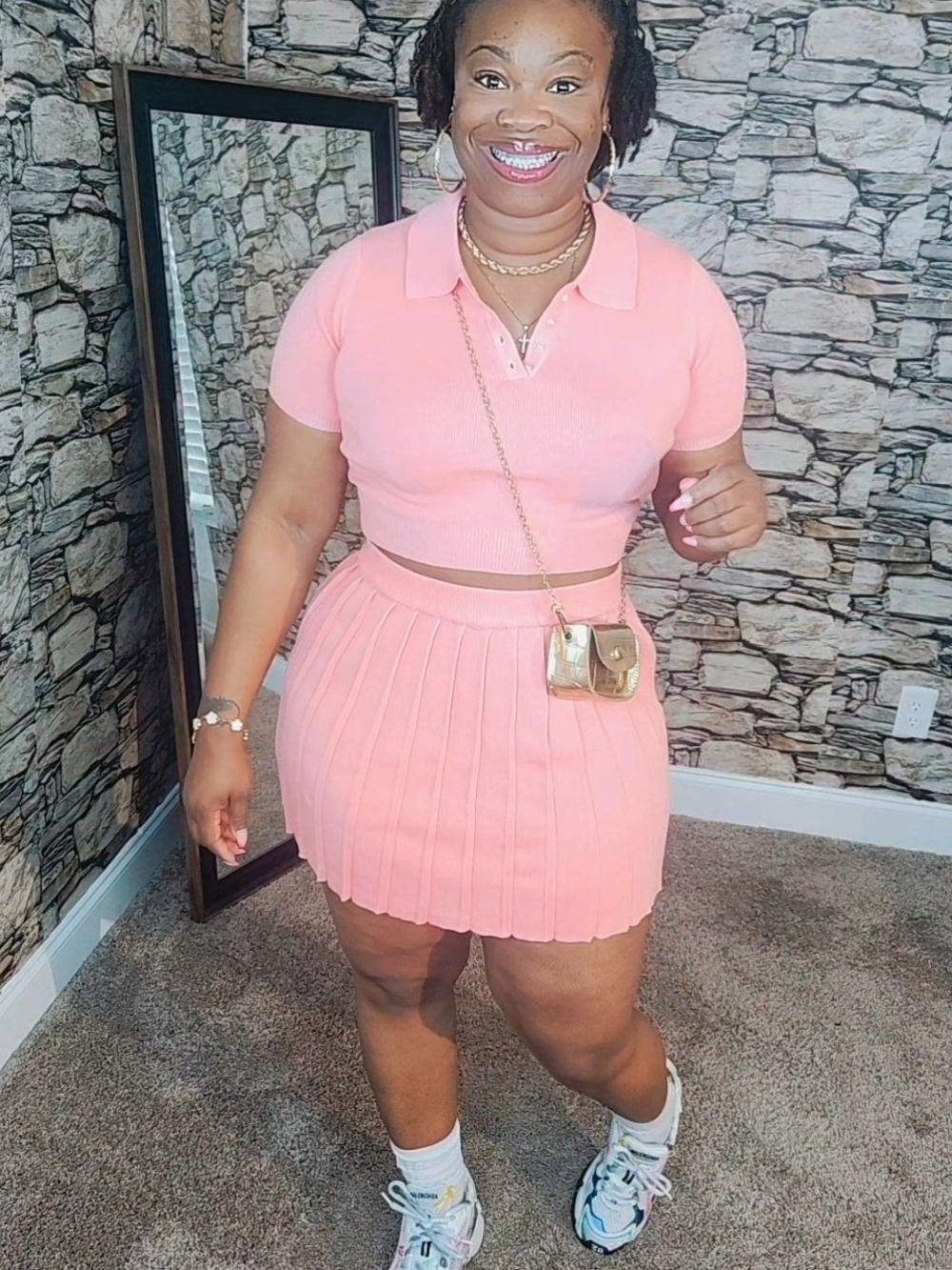 Pink Pleated Mini Skirt Set - Women's Tennis Style